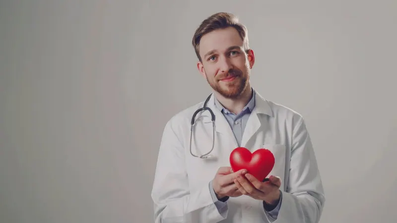 Doctor holding a red heart with a stethoscope around his neck
